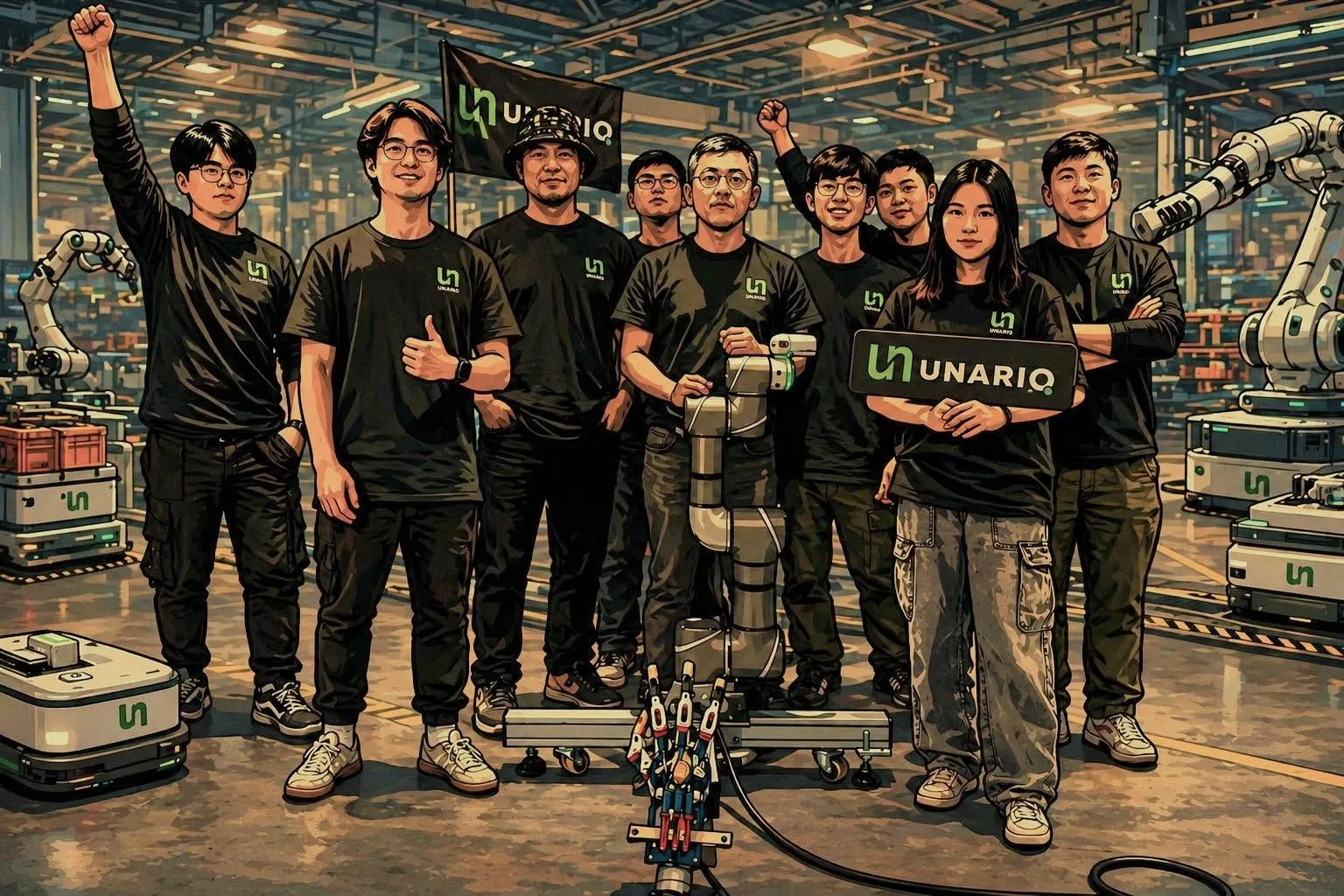 優那科創團隊成員於工業自動化場域合影，背景為機器人手臂與 AGV
