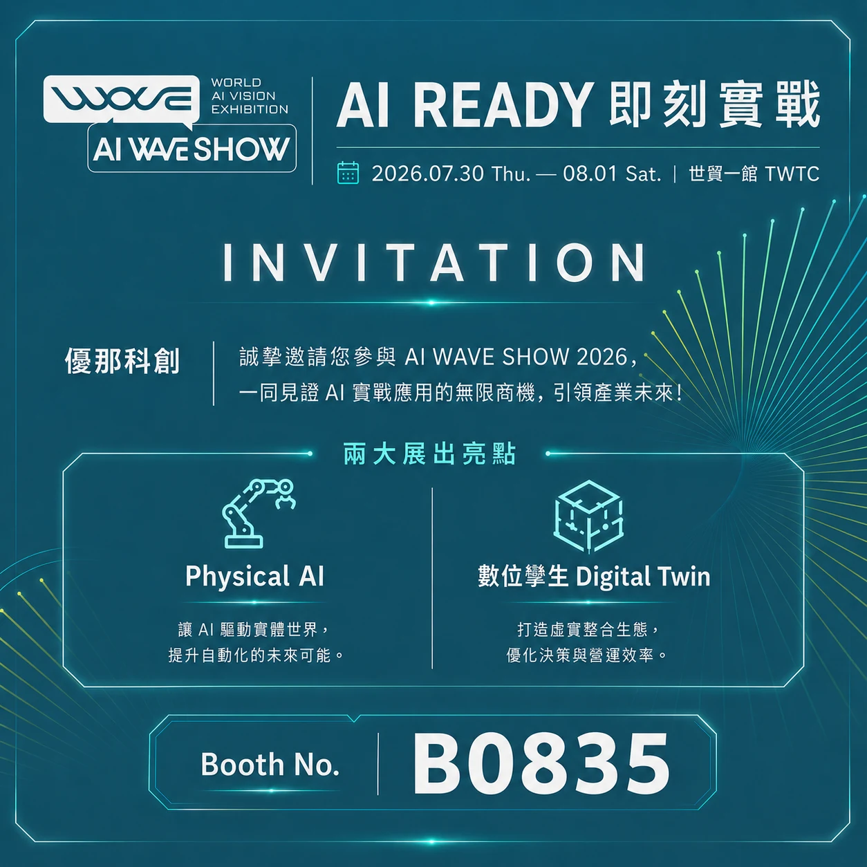 AI WAVE SHOW 2026 展覽主視覺，優那科創攤位 B0835 資訊與 Physical AI、數位孿生技術主題