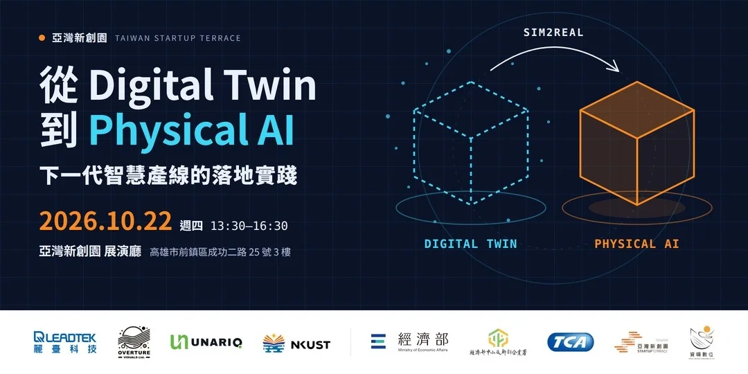 「從 Digital Twin 到 Physical AI:下一代智慧產線的落地實踐」沙龍主視覺:左側標示 2026 年 10 月 22 日週四 13:30 至 16:30、地點高雄亞灣新創園 3 樓展演廳;右側以藍色虛線立方體代表 Digital Twin、橘色實線立方體代表 Physical AI,中間以 Sim2Real 弧形箭頭連接兩者;底部排列麗臺科技、OVERTURE VISUALS、UnariQ、高科大 NKUST、經濟部、經濟部中小及新創企業署、TCA、亞灣新創園與資策會數位等單位 logo