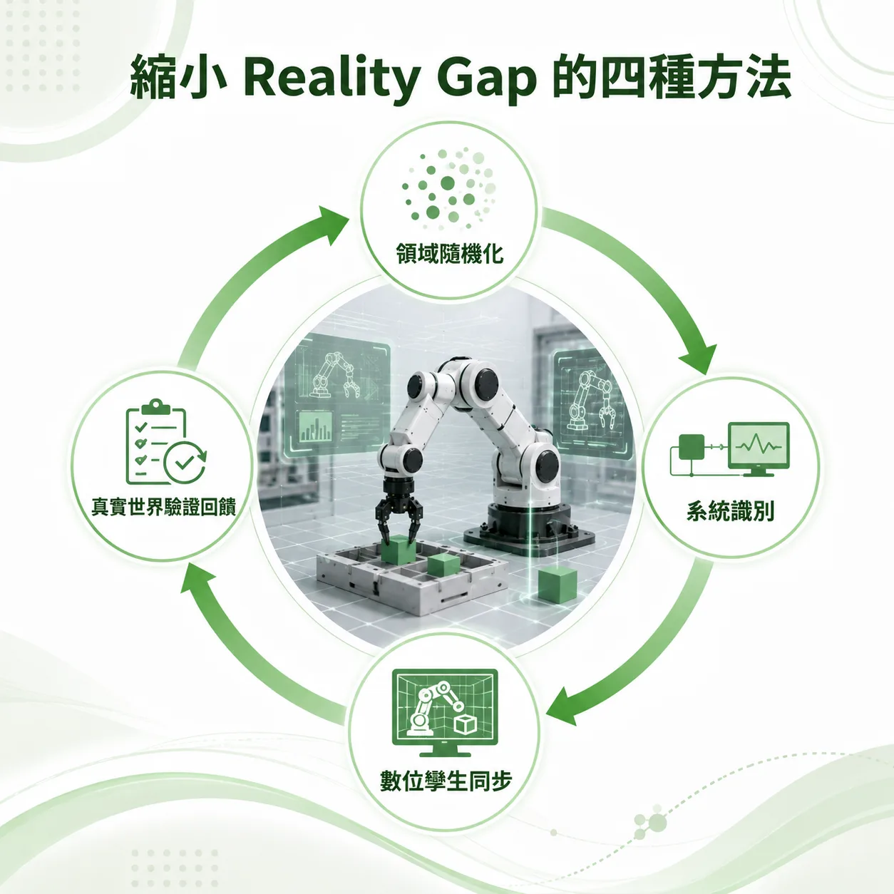 Sim2Real 縮小 Reality Gap 的四種方法示意圖:領域隨機化、系統識別、數位孿生同步與真實世界驗證回饋四個節點,環繞中央的機械手臂模擬畫面形成循環