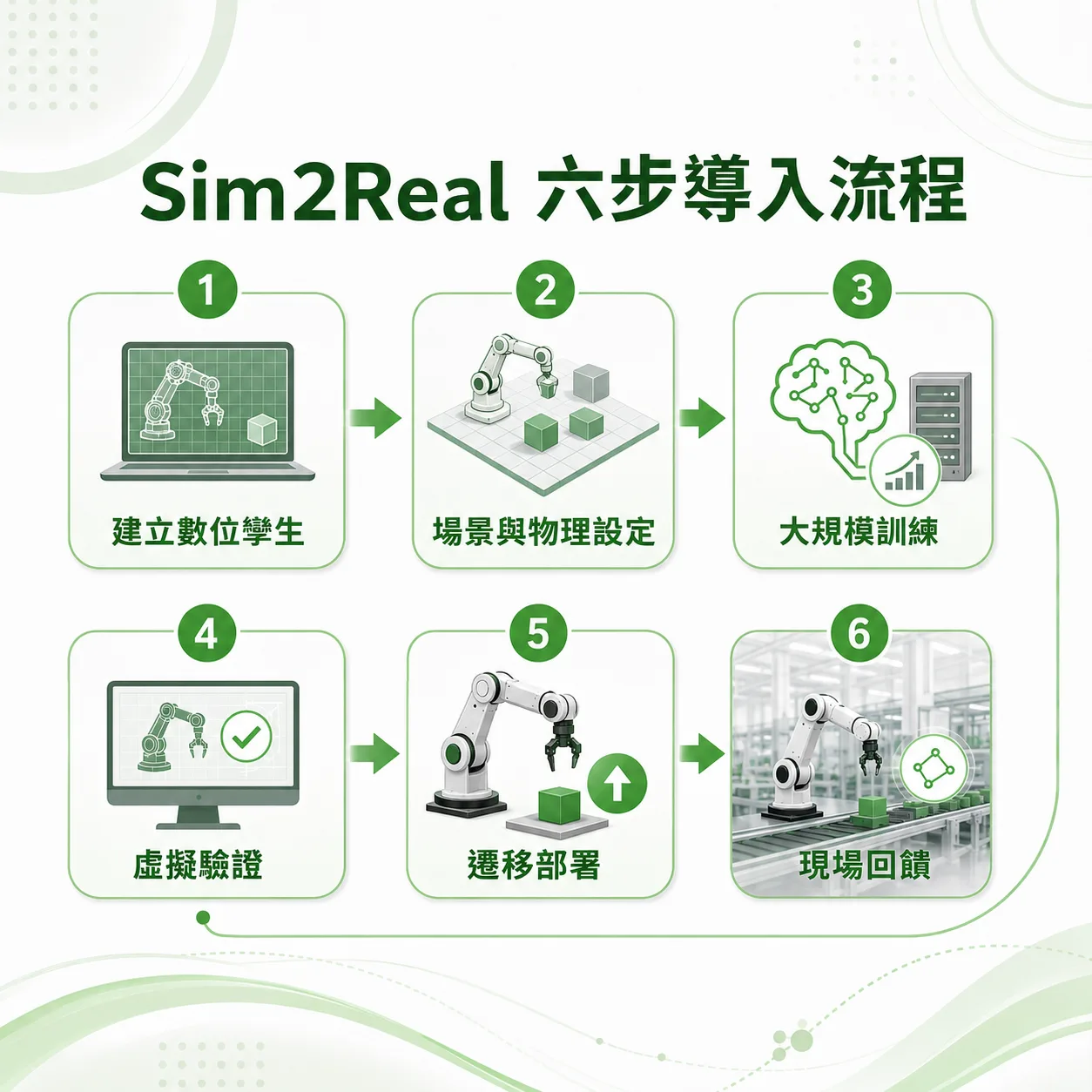 Sim2Real 六步導入流程圖:建立數位孿生、場景與物理設定、大規模訓練、虛擬驗證、遷移部署、現場回饋依序編號連接,並由現場回饋繞回第一步形成循環