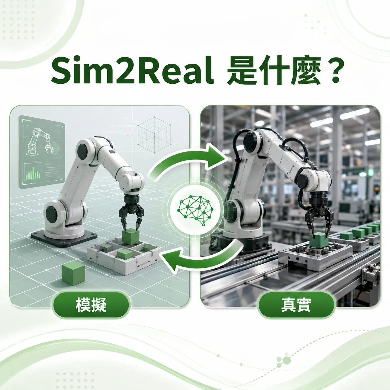 Sim2Real 是什麼示意圖,左側「模擬」為虛擬環境中的機械手臂在網格場景抓取方塊,右側「真實」為產線上的實體機械手臂執行同一動作,中間以雙向循環箭頭標示模擬到真實的策略遷移與現場資料回饋